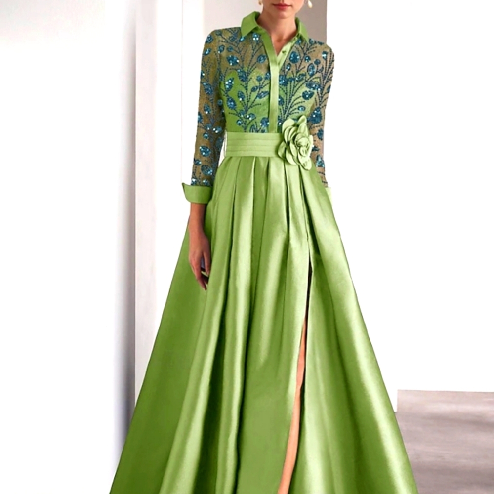 Green Gown with Cuffed 3/4 Sleeves and Dress Shirt Collar for Weddings